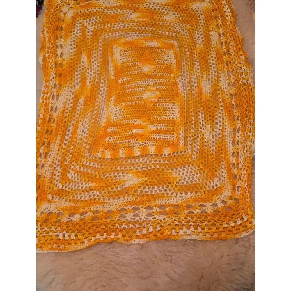 Vtg Unbranded Handmade YellowOrangeWhite CottonCrocheted Rectangle Doily 26